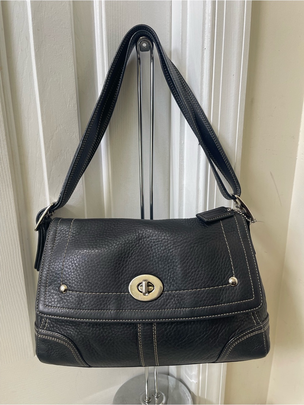 Coach Hamilton Flap Black Pebbled Leather Shoulder Bag with Turn-Lock